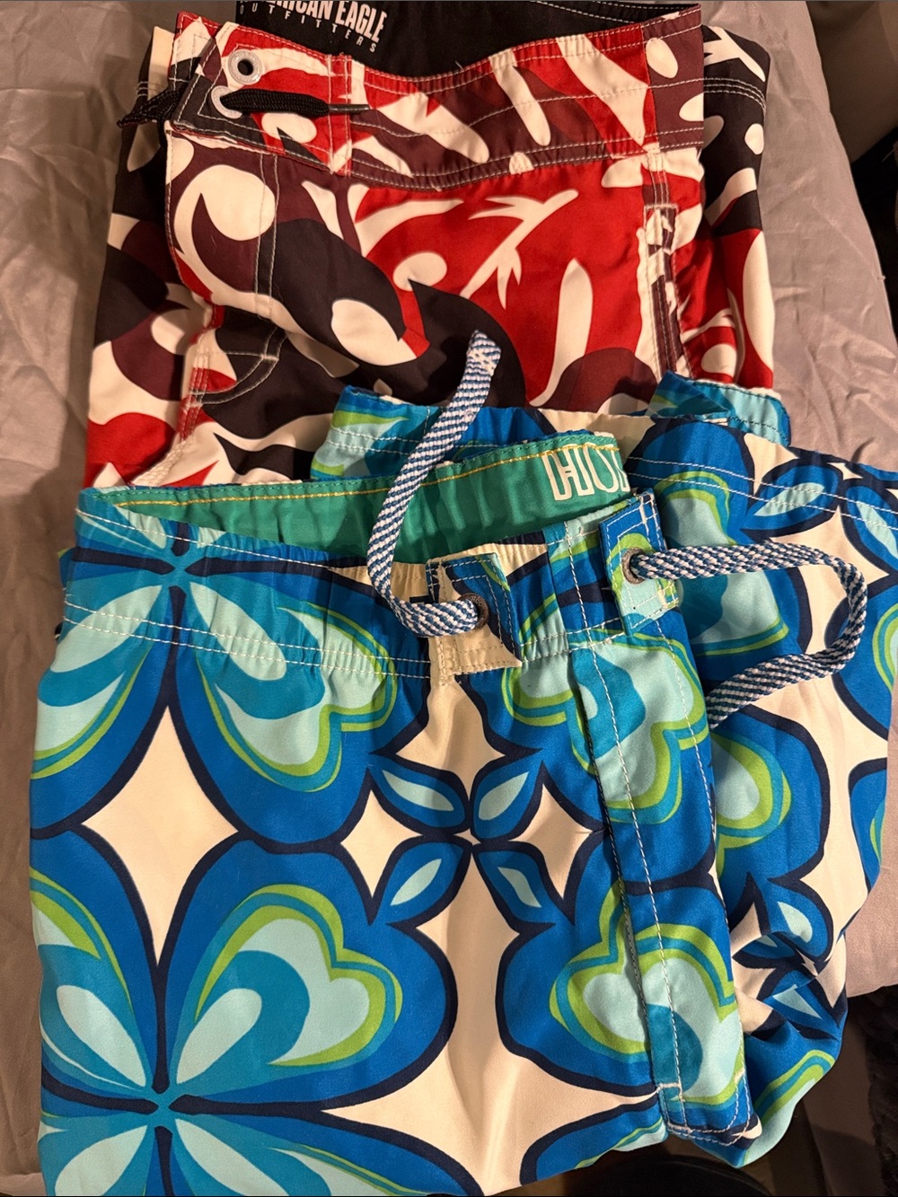 American Eagle and Hollister Blue, Teal & Red Swim Trunks